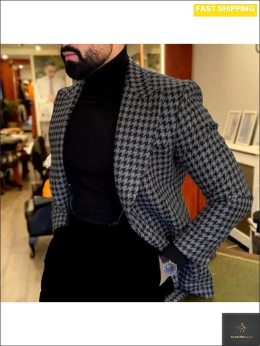 Men's Houndstooth Blazer Slim Fit One Button Peak Lapel Wedding Prom Party